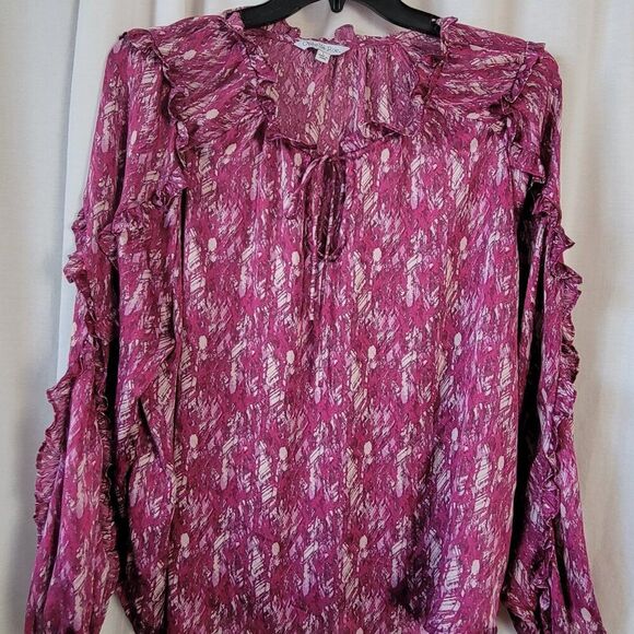 Vintage Ophelia Roe Large Feminine Blouse ruffled Tie Semi Sheer geometric Y2K - Picture 1 of 11
